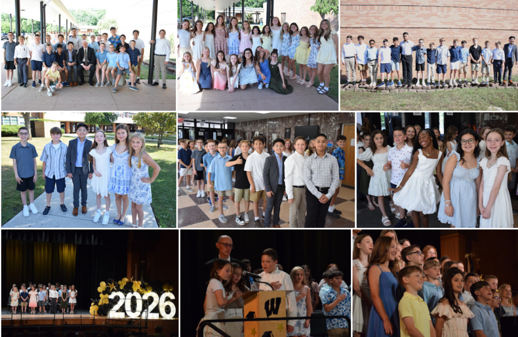 collage of students posing in groups outside, and on the stage with a large 2026 sign